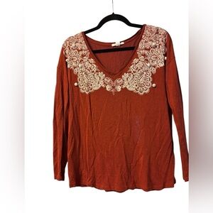 Springfield Women's Long Sleeve Tee with Crochet Detail Orange Rust Size Medium